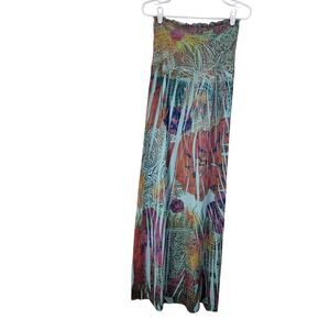 LSter Floral Print Smocked Strapless Boho Maxi Sundress Pullover Multicolor OSFM